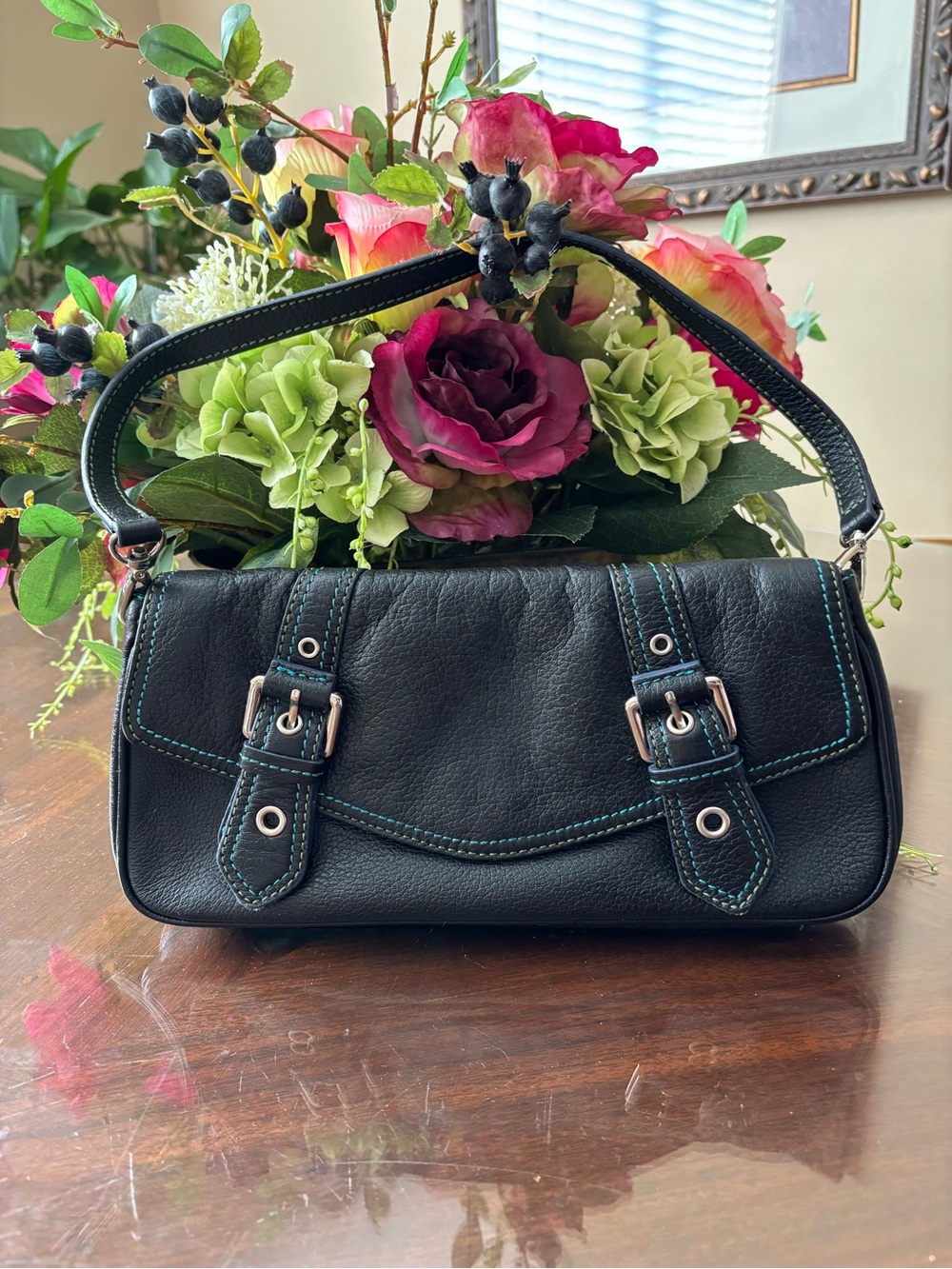Wilson’s Leather Small Shoulder Purse Black w/Teal Stitching